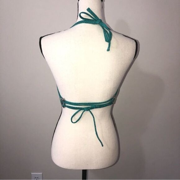 Shade & Shore Swim Bikini Top Size 34DD Blue Green Print Tassel Gold Beading - Picture 3 of 5